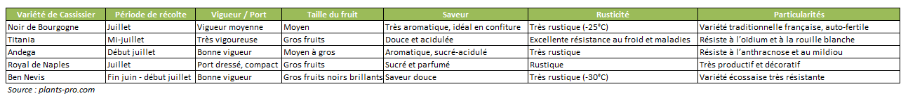Tableau comparatif des variétés de cassissiers
